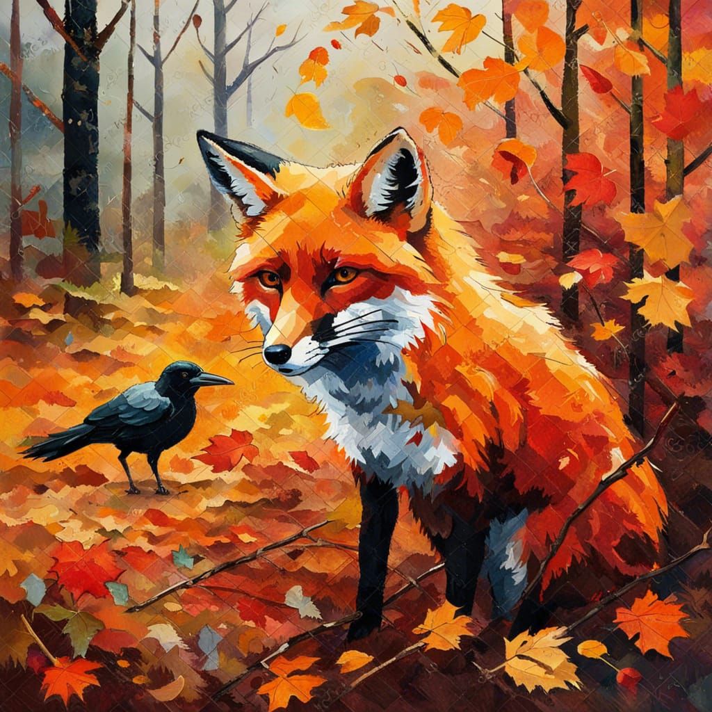 Fox and Crow in Autumn Forest as Gouache Painting