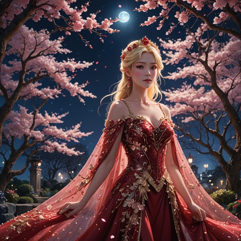 Anime Woman in Red Gown in Moonlit Garden