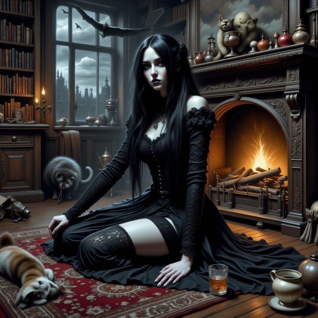 Lilith in Haunted Library, Surrealist Oil Painting