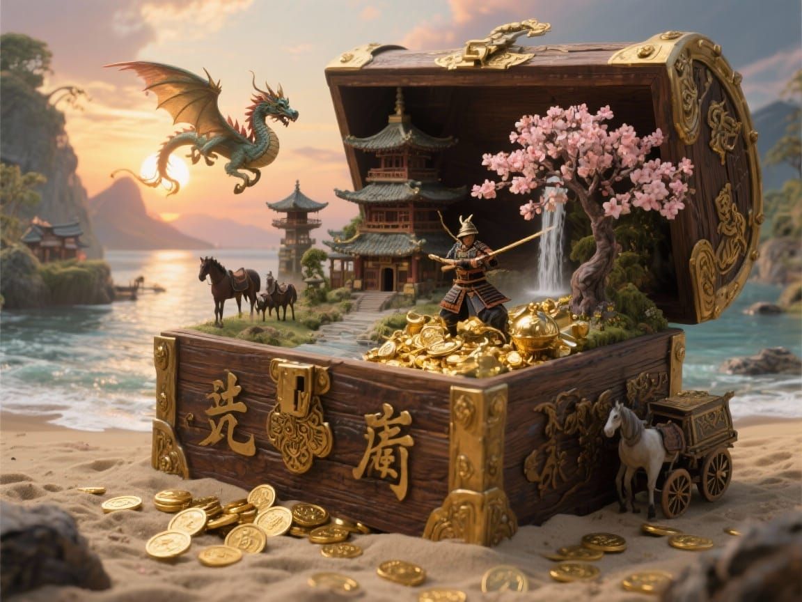 Miniature Japanese Fantasy Landscape Inside Treasure Chest