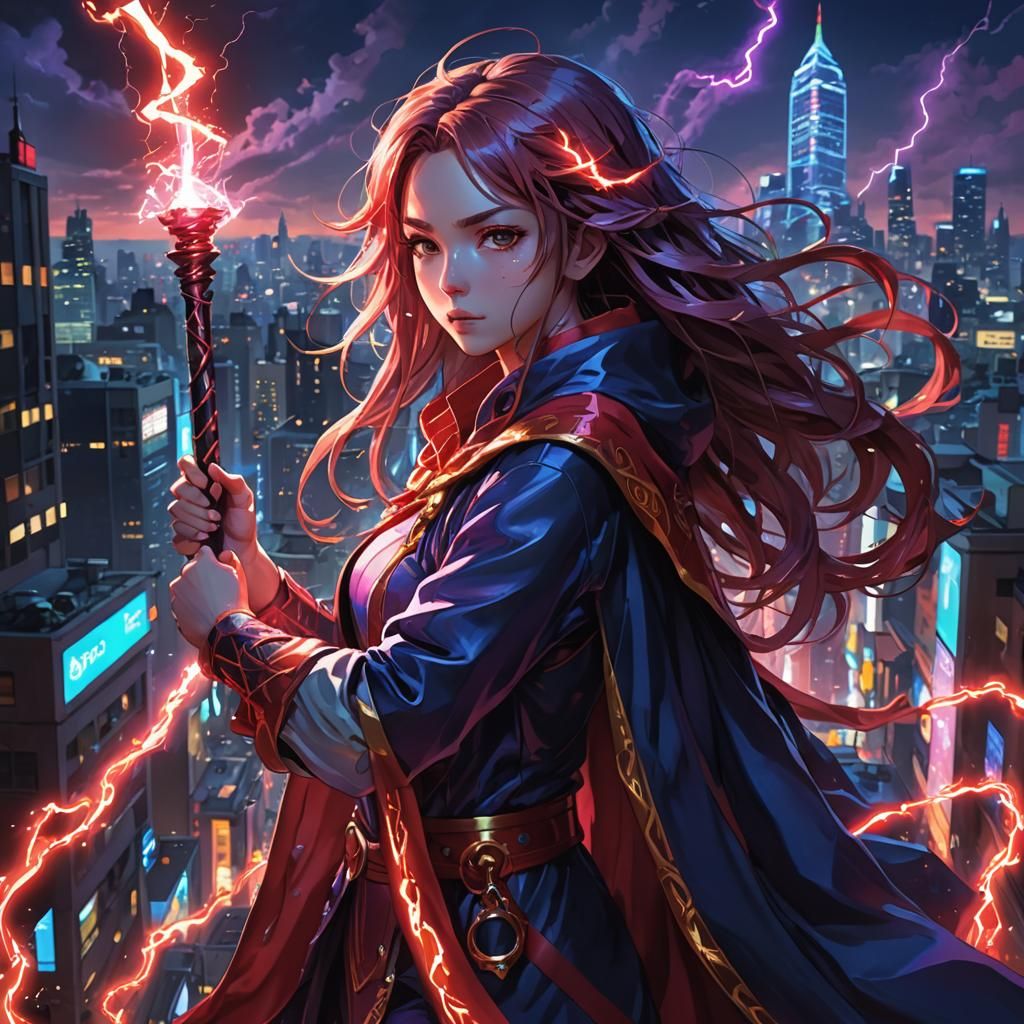 Ethereal Anime Goddess Wields Red Lightning Scepter in Dynam...