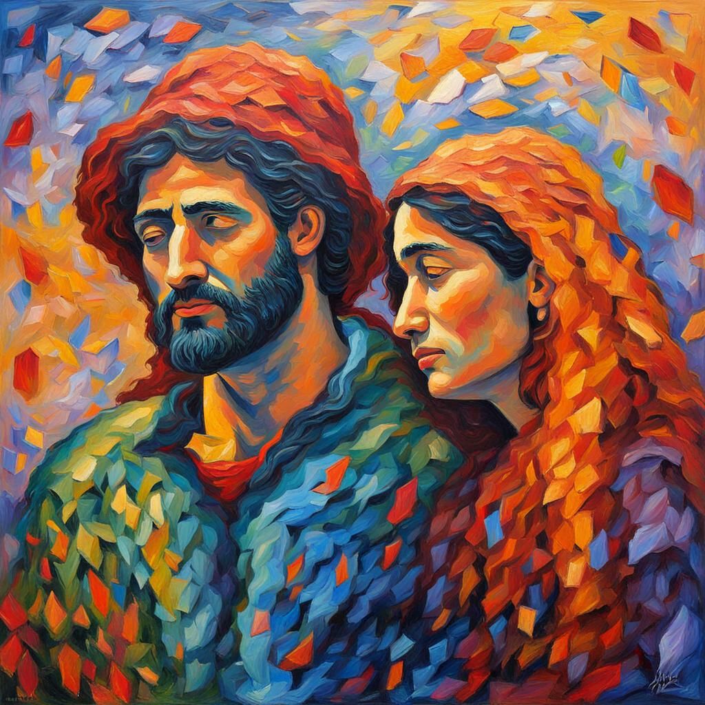 Devoted Lovers in Heaven: Expressionist Oil Painting
