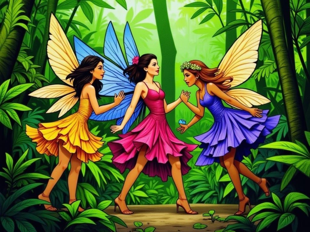 Dancing Fairies in a Lush Jungle Scene