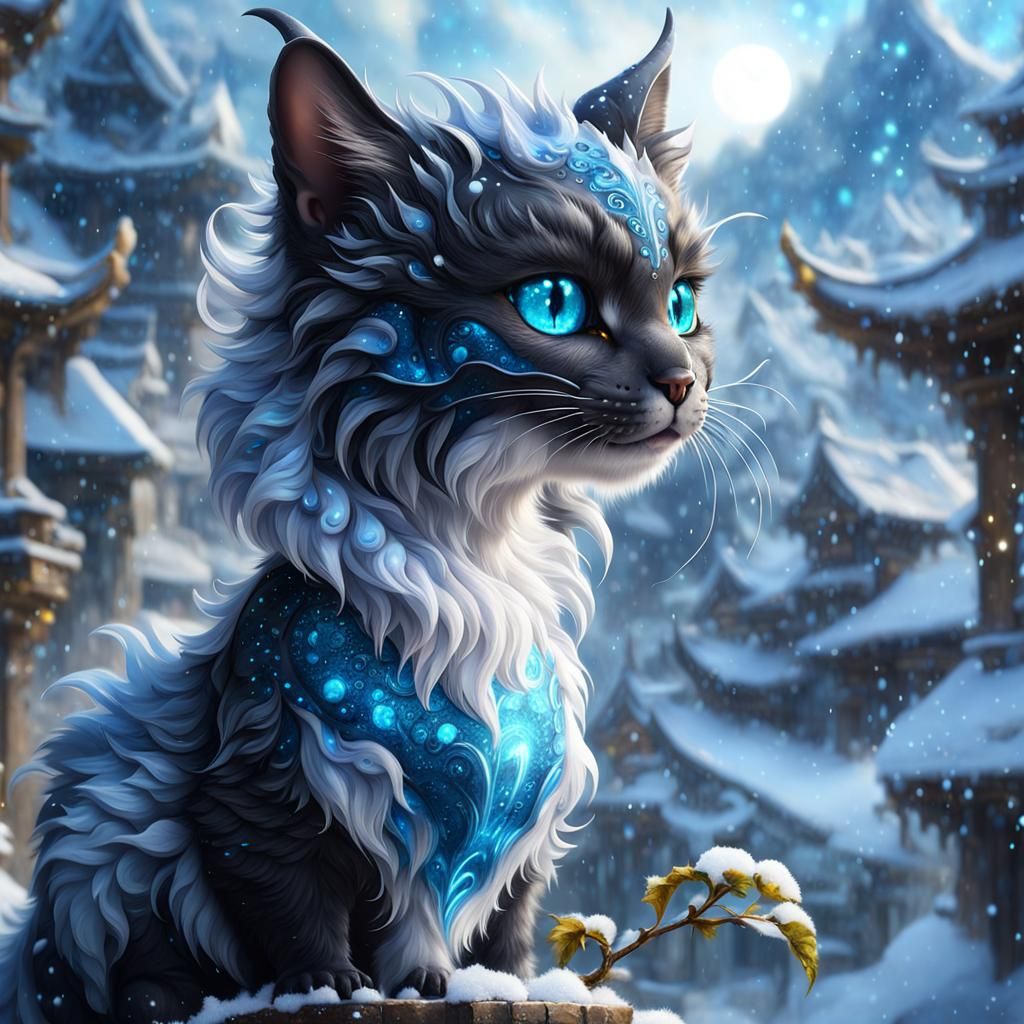 Fantasy Dragoncat in Winter, Digital Watercolor Art