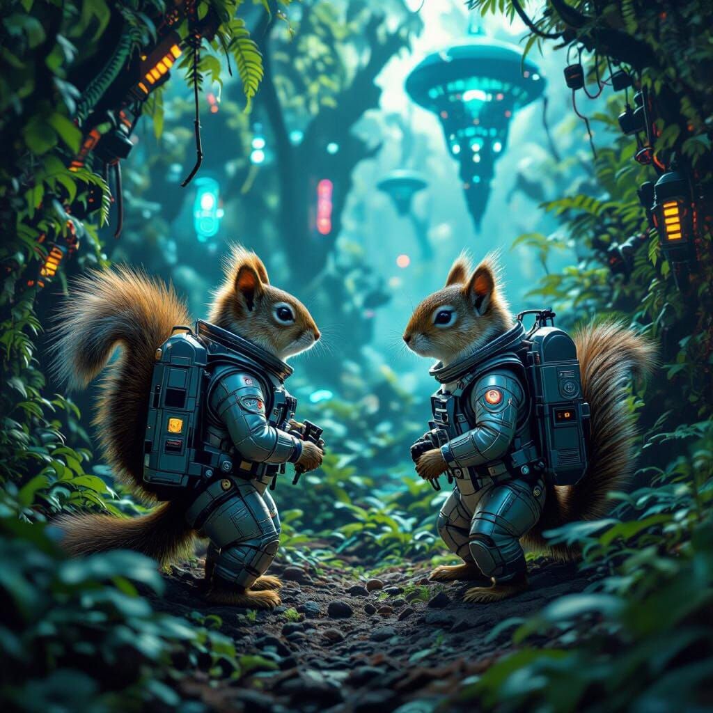 Squirrel Explorers in Alien Jungle: Hyperrealistic Sci-Fi Ar...