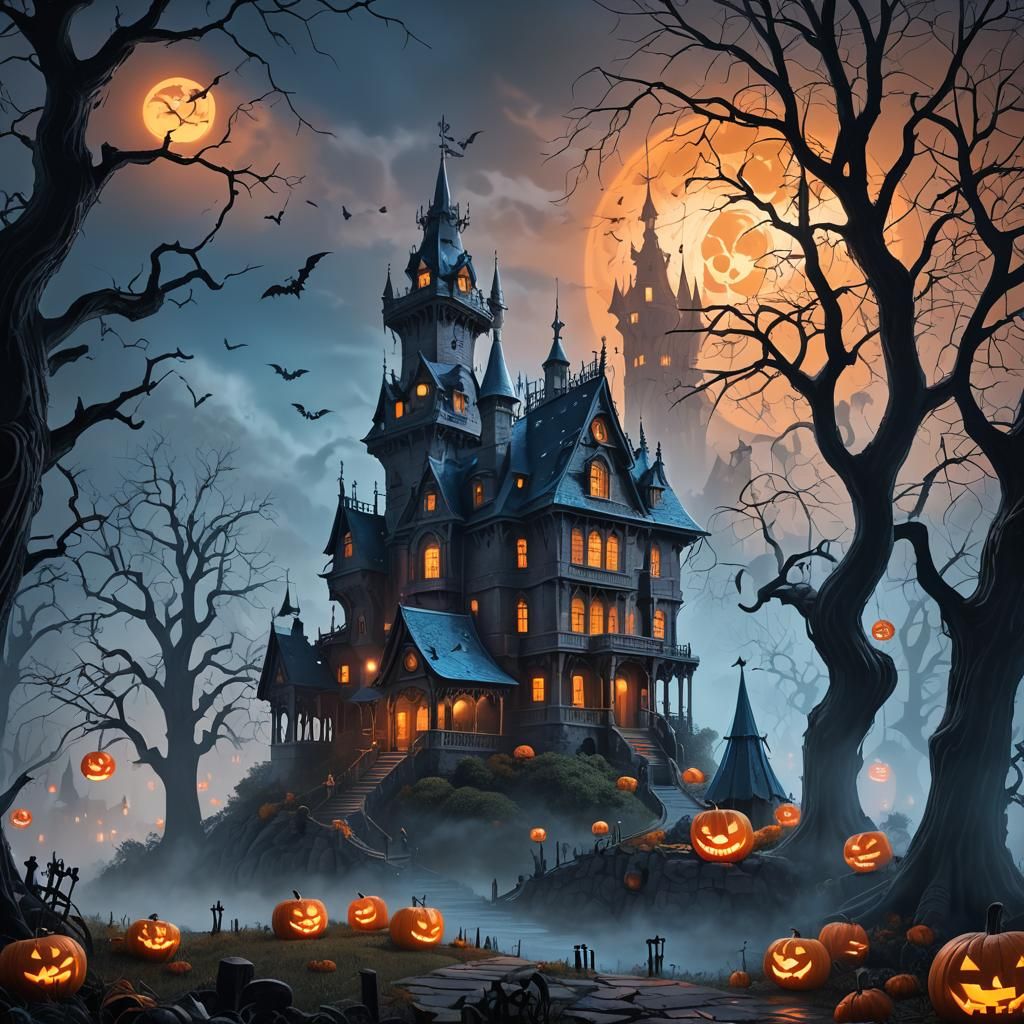 Eerie Haunted Mansion in Fantasy Landscape