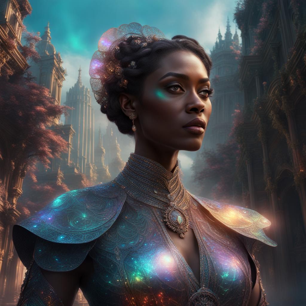 Woman expressed as transparent holographic art in style of Margaret Benyon and Deana Lawson