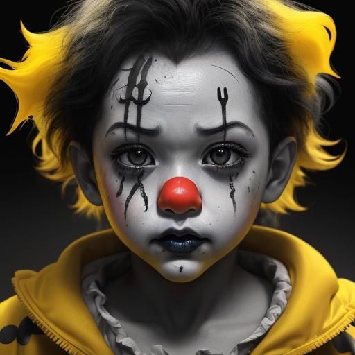Sad Grayscale Baby Clown with Yellow Goo