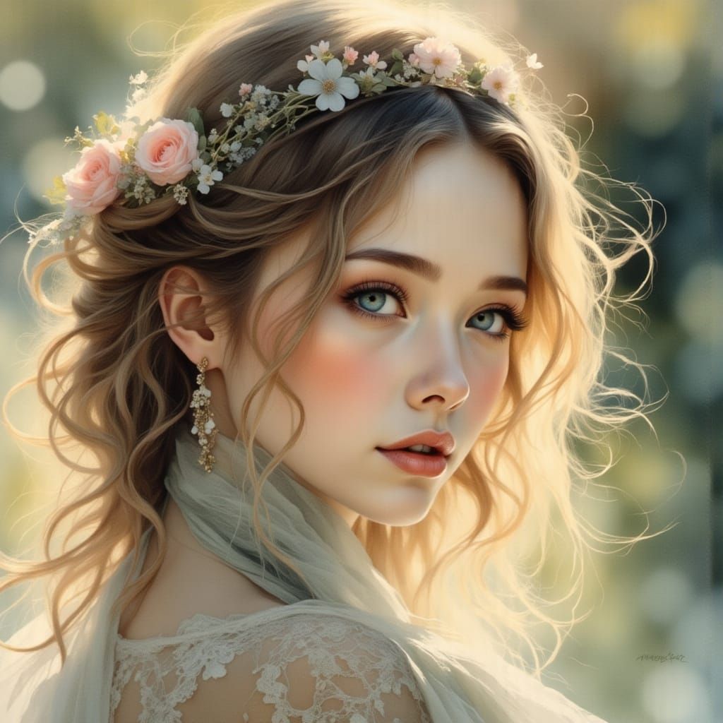 Enchanting Woman Portrait in Watercolor Impressionist Style