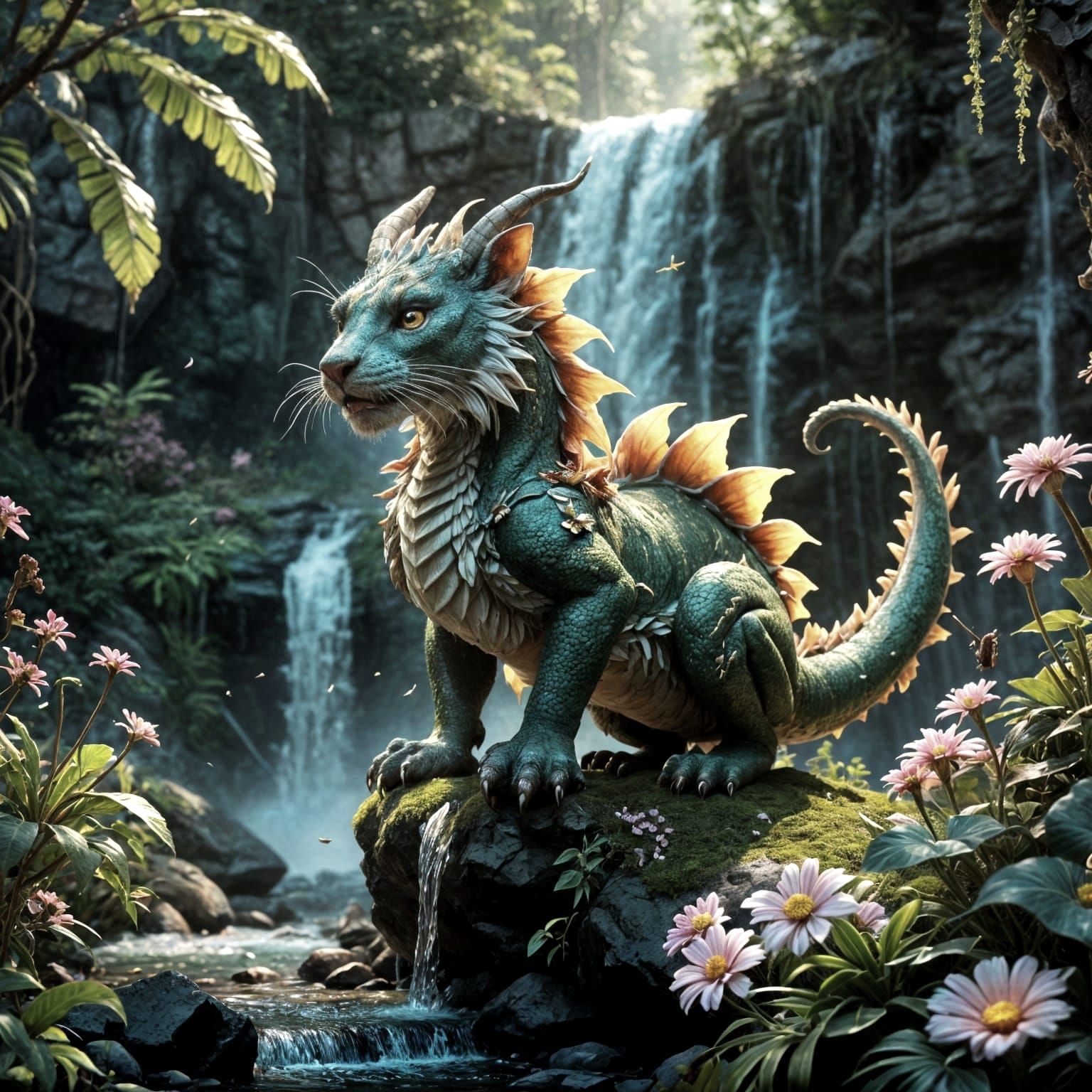 Sparkling Dragon Creature in Lush Fantasy Landscape