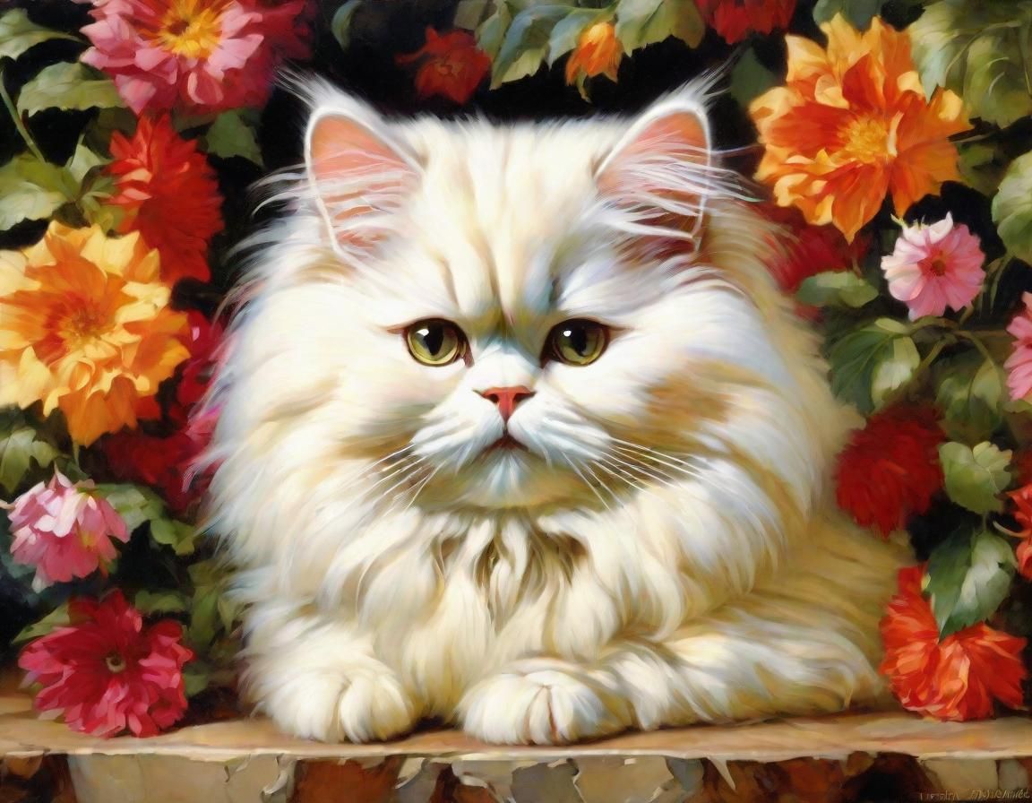 Persian Cat on Farm Patio in Realist Oil Painting