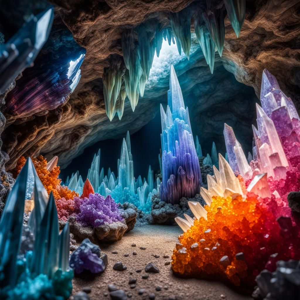 Colorful Crystal Cave in Hyperrealistic Style