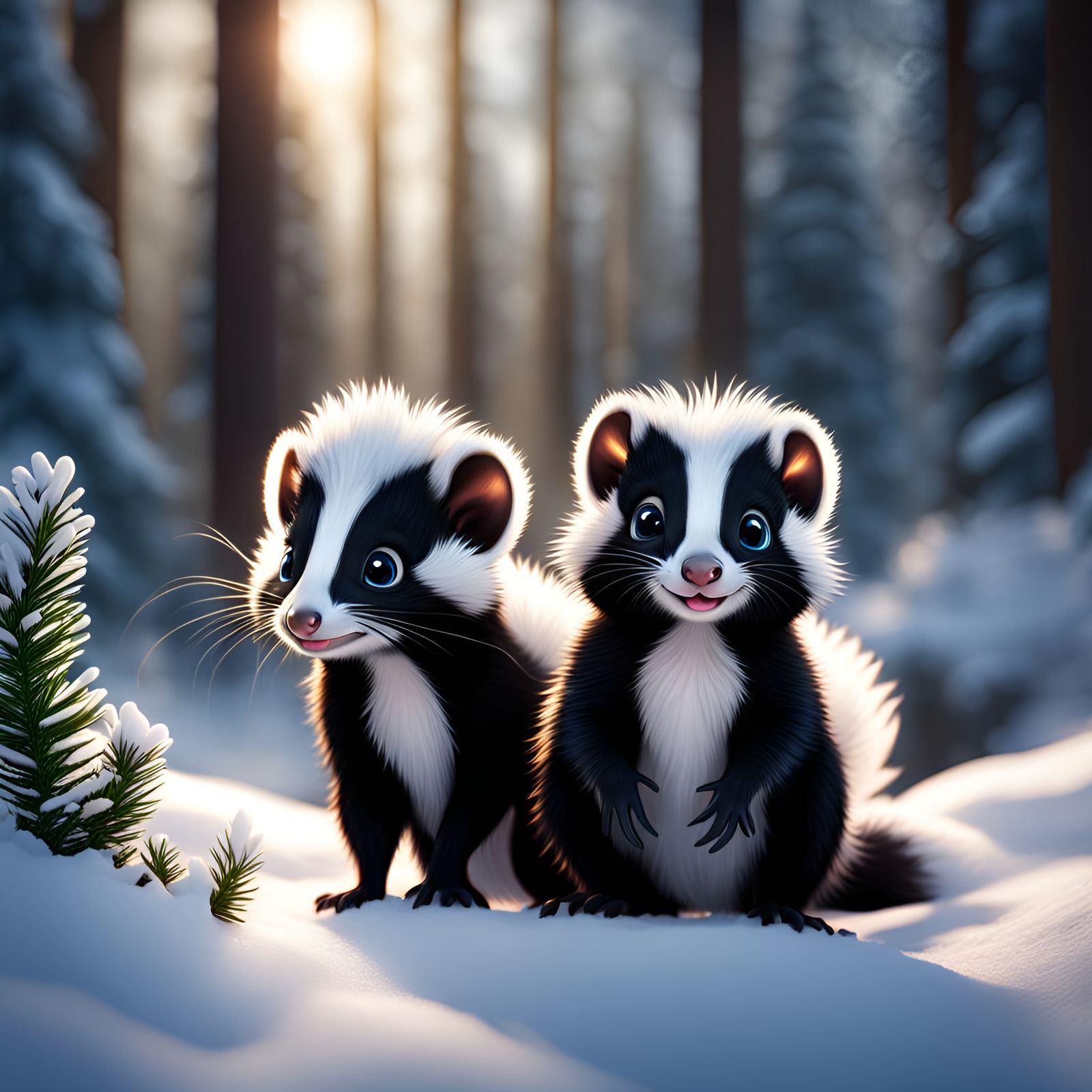 Cute baby skunks playing in the snow in the forest
