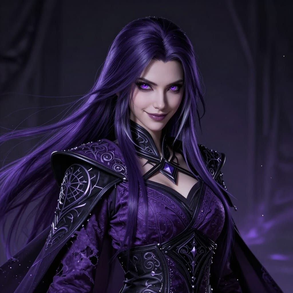 Dark Fantasy Vaelira With Purple Hair and Violet Eyes