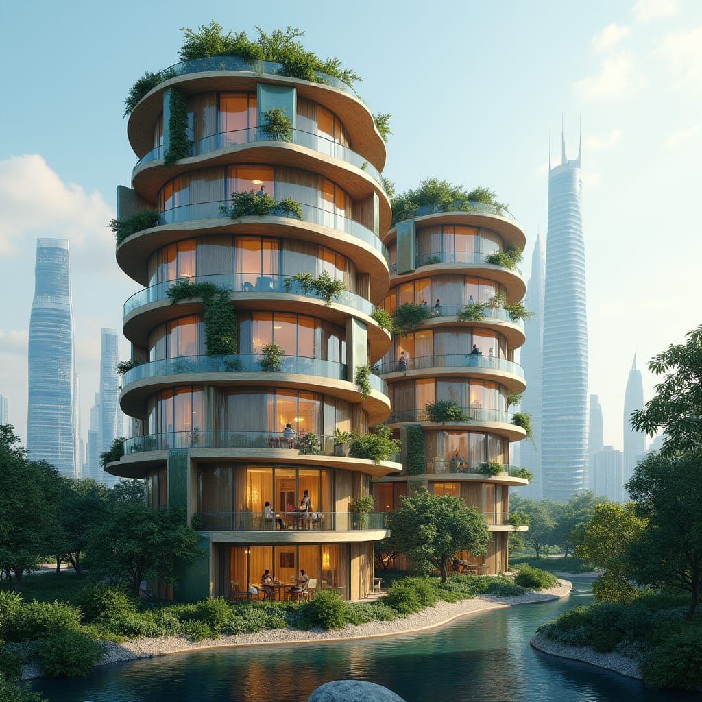 Futuristic Flower Cityscape with Lush Greenery and Serene La...