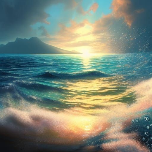 Hyperrealistic Ocean Sunrise with Sunbeams and Island