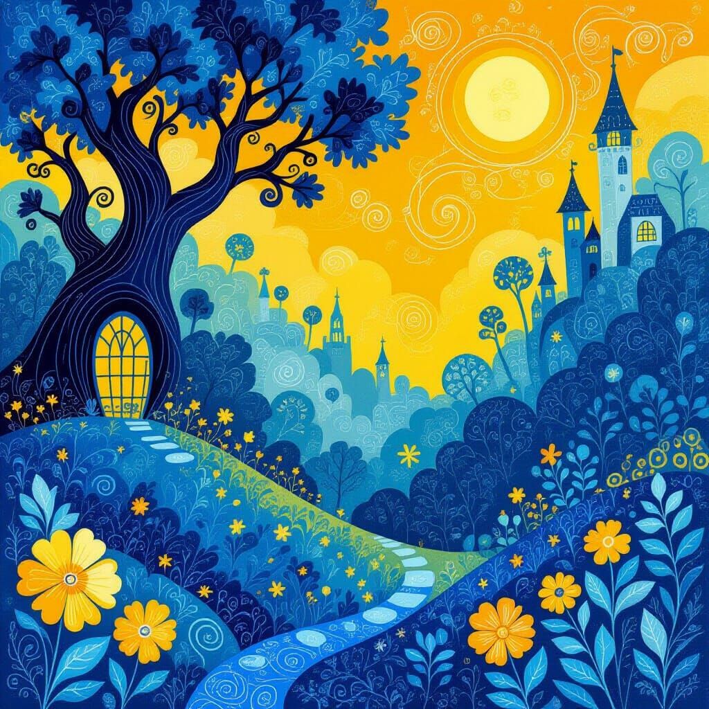 Whimsical Fairytale Scene in Vibrant Monochromatic Art