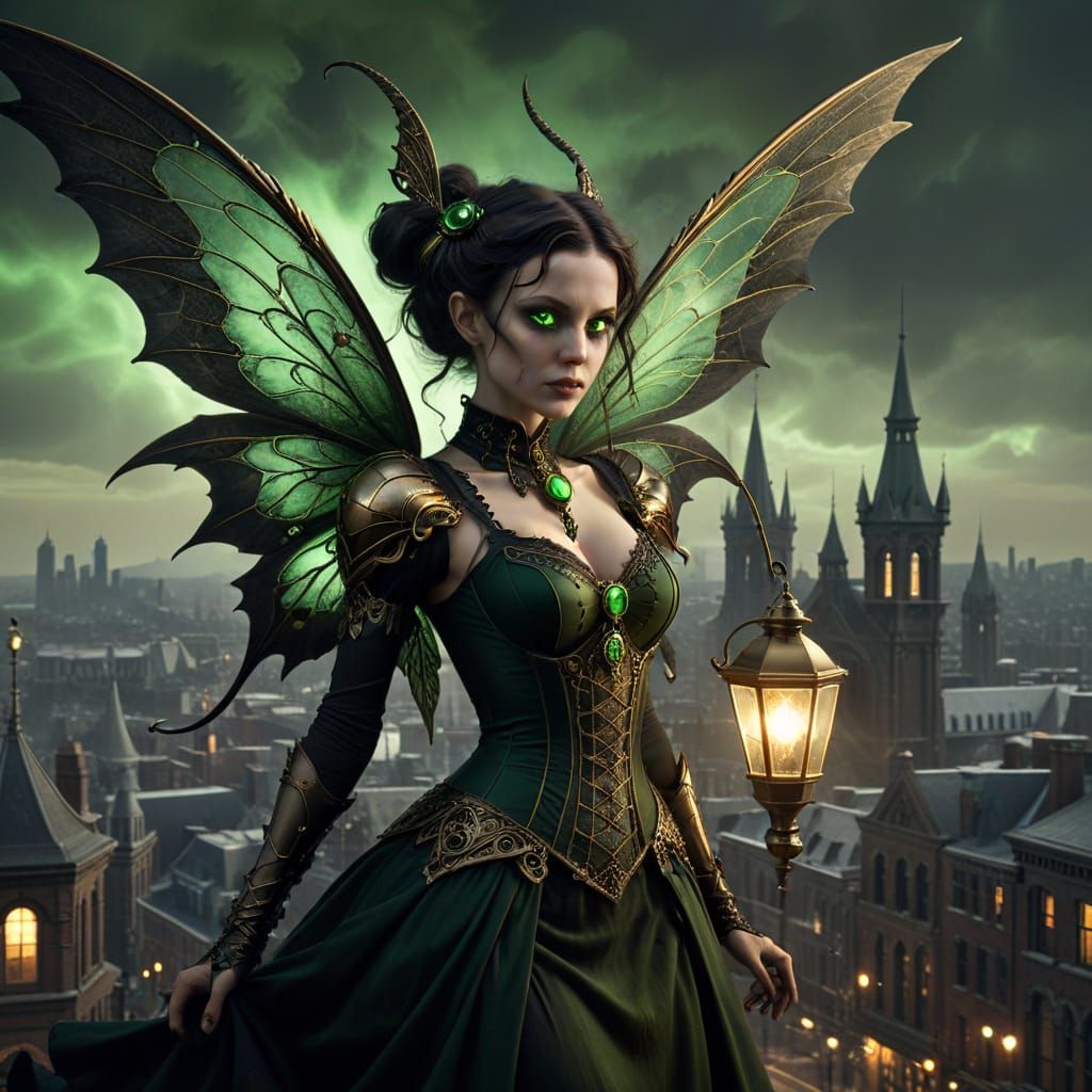 Steampunk Fairy in Gothic City, Dark Fantasy Art