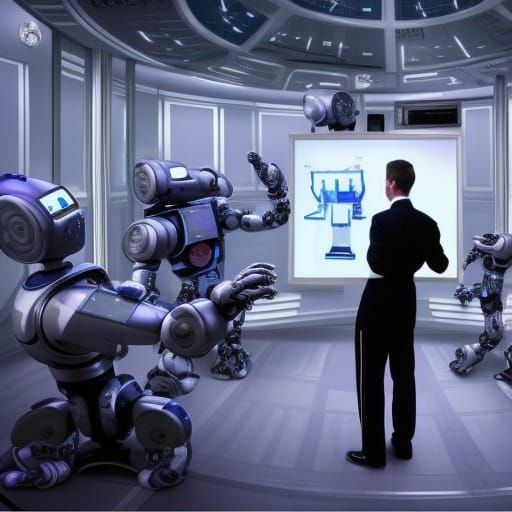 Robot Butler Training. A sci-fy hi-tech command room has several different movie robots. A very experiened, human royal ...