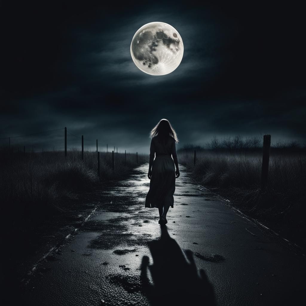 Eerie Moonlit Portrait of Woman Walking