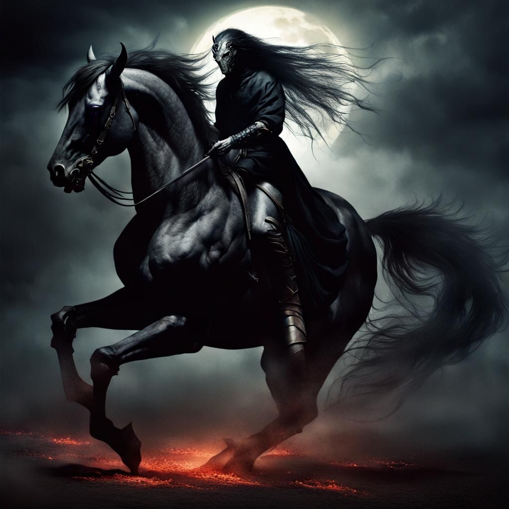 Demonic Rider on Dark Horse in the Night