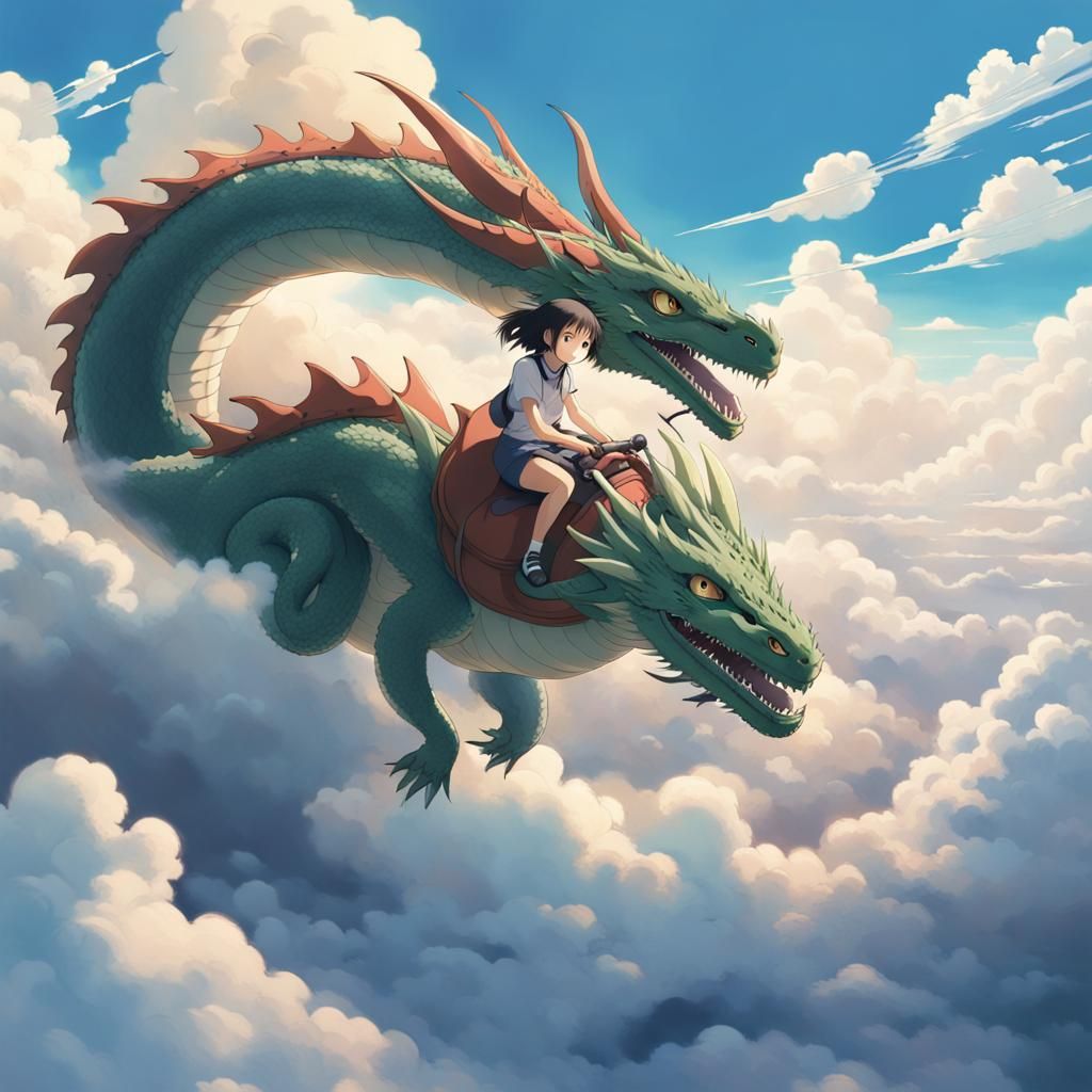 Girl Riding Dragon in Clouds, Ghibli Style