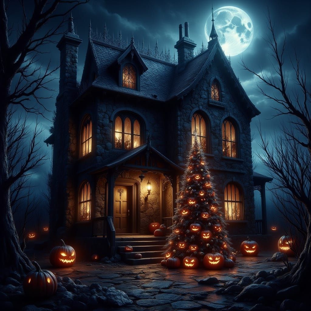 Haunted Christmas House at Twilight in Dark Style