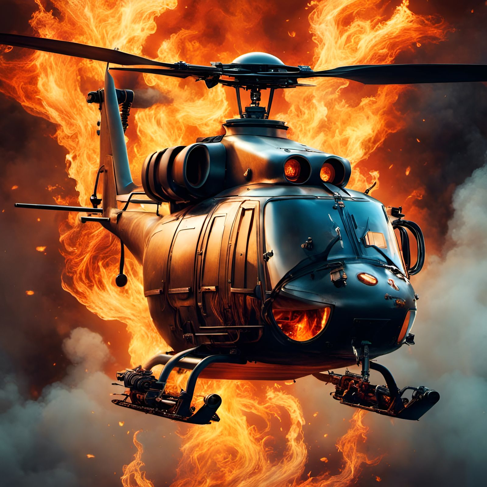 Demonic Pilot in Fiery Helicopter Scene
