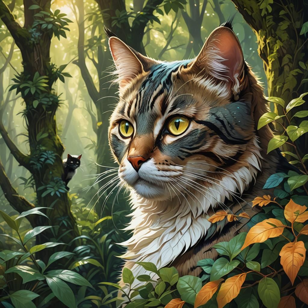 Cat Stalking Bird in Lush Forest: Hyperrealistic Digital Art