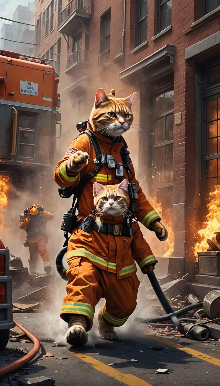 Cat Firefighter Rushing to Action: Digital Art
