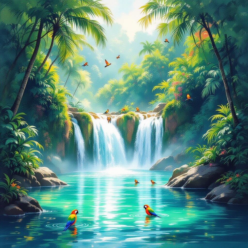 Tropical Waterfall with Parrots in Watercolor Style