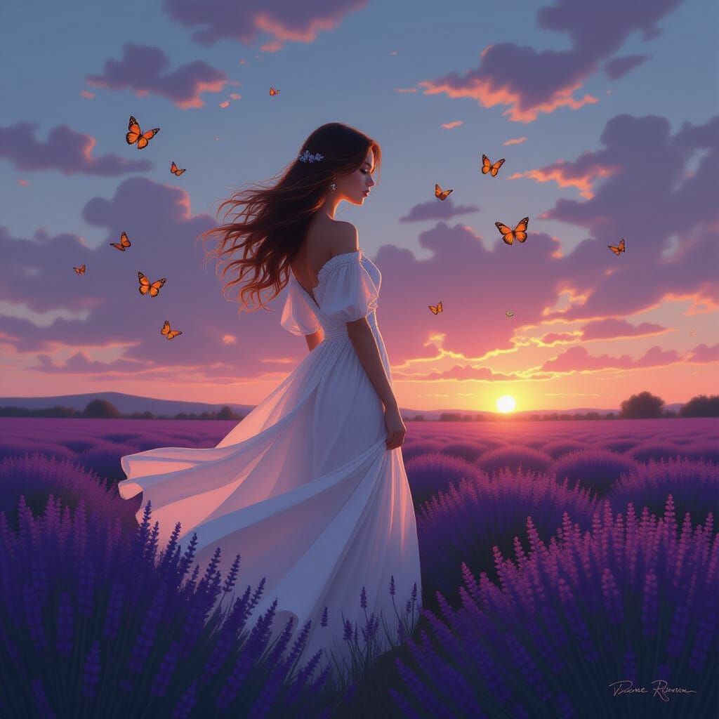 Woman in Lavender Field in Ethereal Twilight