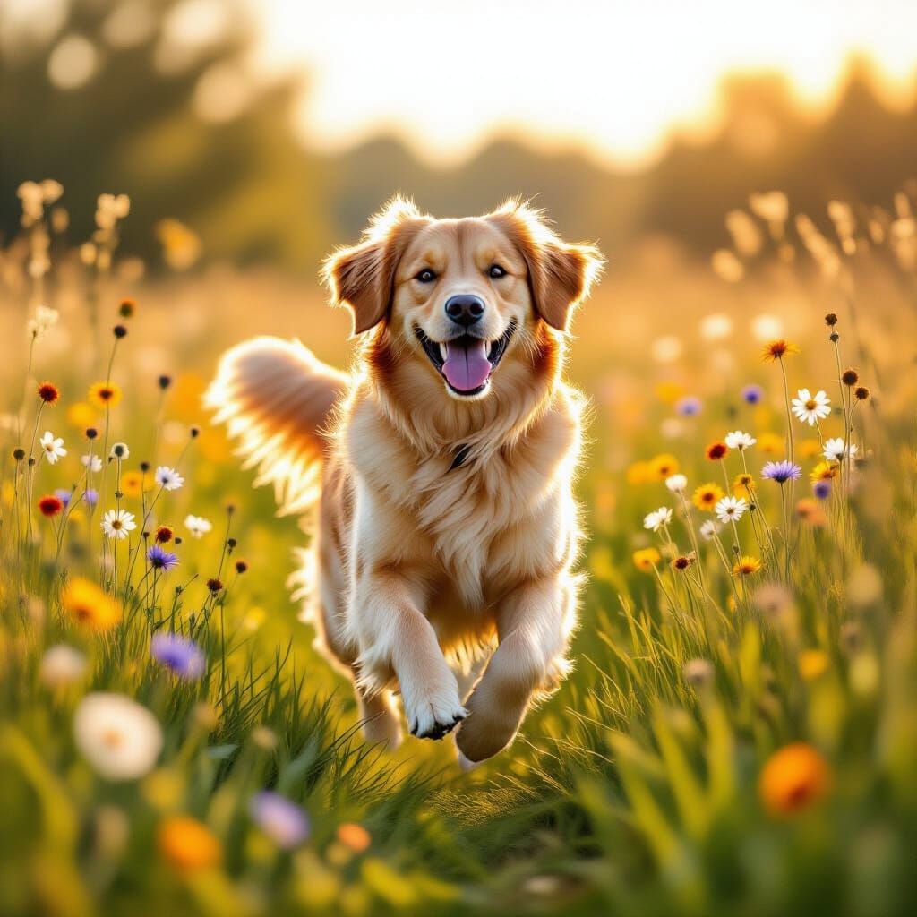 Happy Golden Retriever in Sunlit Wildflower Meadow