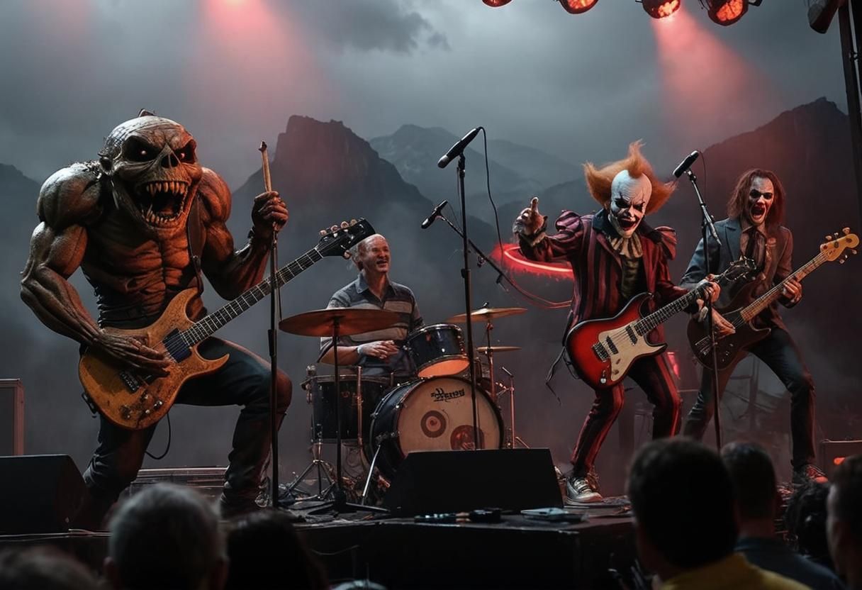 Monster Band Performs on Stage in Dark Horror Art