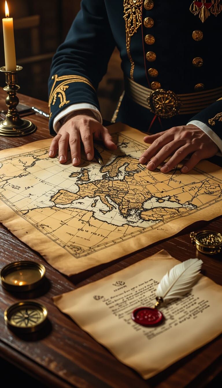 Napoleon-esque General Strategizing Over Europe Map