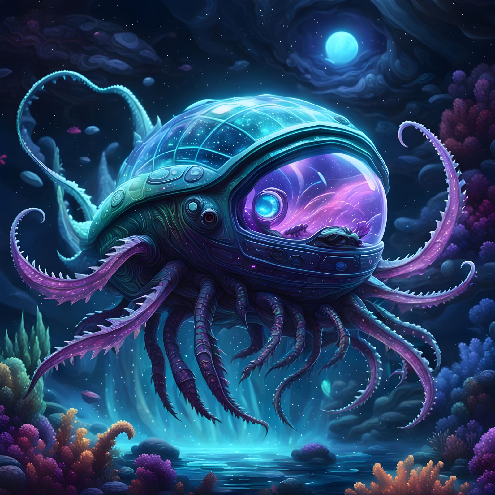 Bioluminescent Sci-Fi Alien Spaceship in Anime Style