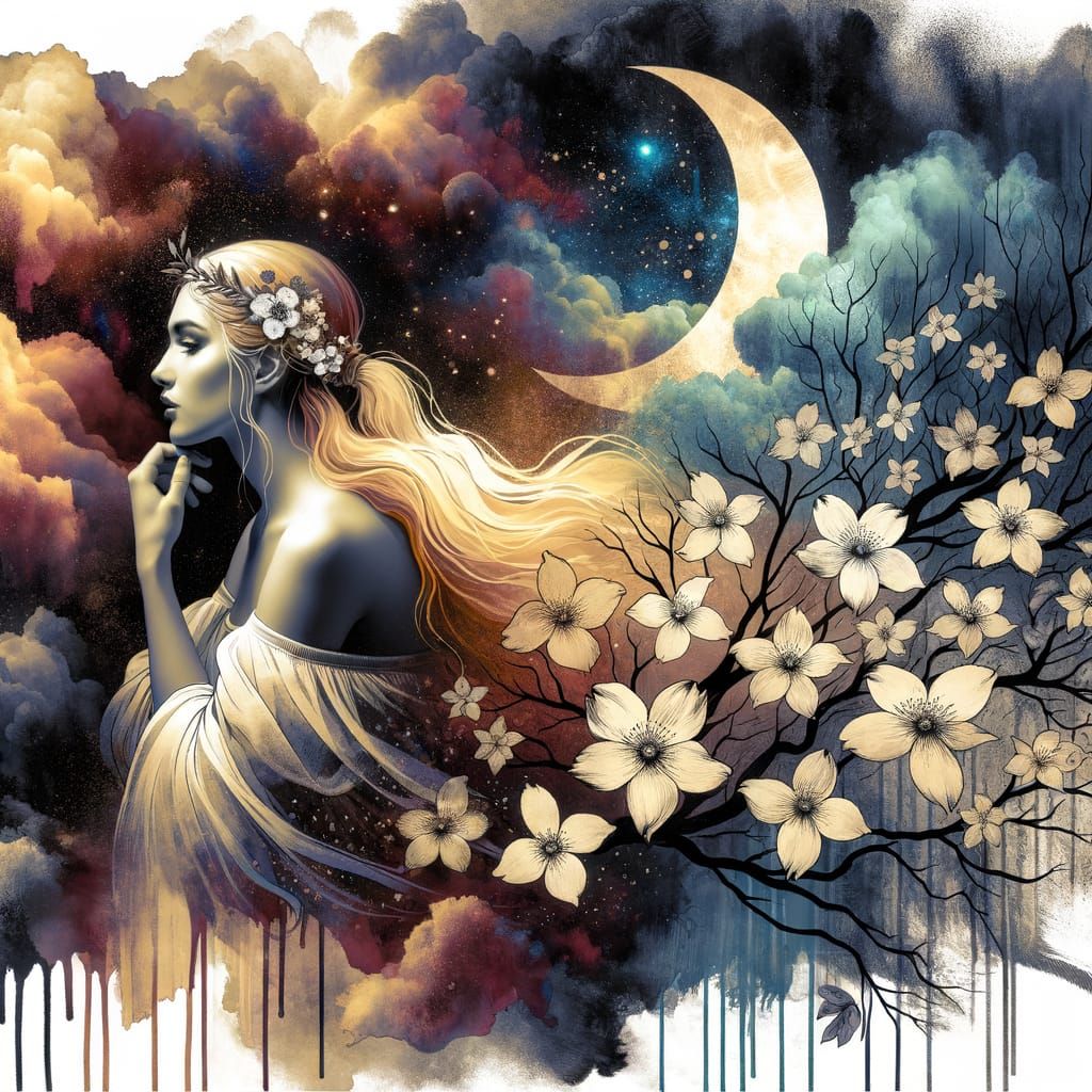 Surreal Goddess Contemplates by Moonlight in a Dark Romantic...