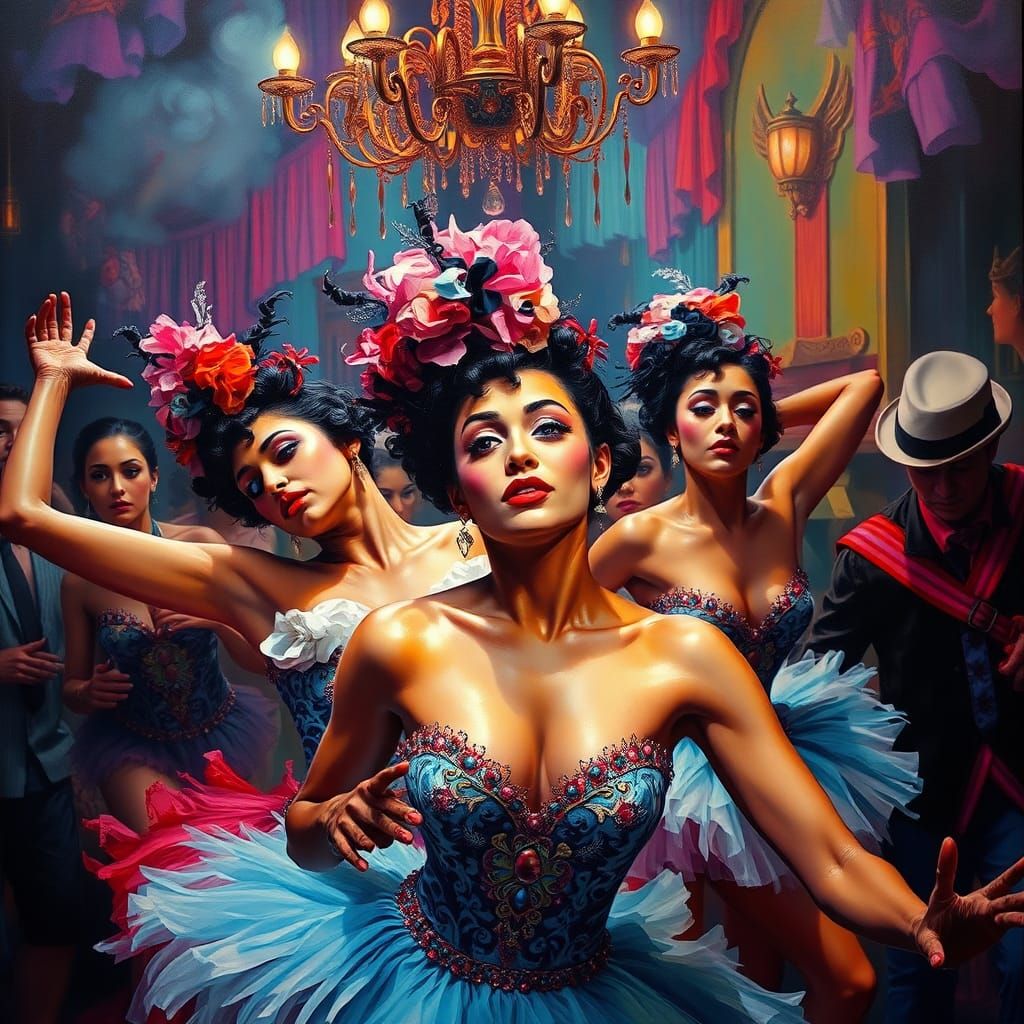 Vibrant Cabaret Dancers in Cloisonnism Style