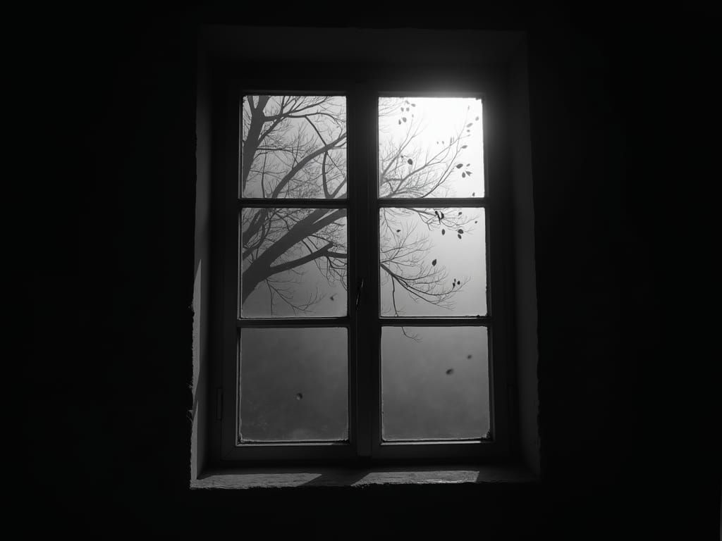 Eerie Window with Falling Leaves in Film Noir Style