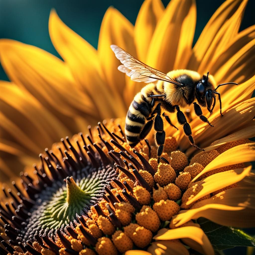 Hyperrealistic Bee on Sunflower Photograph