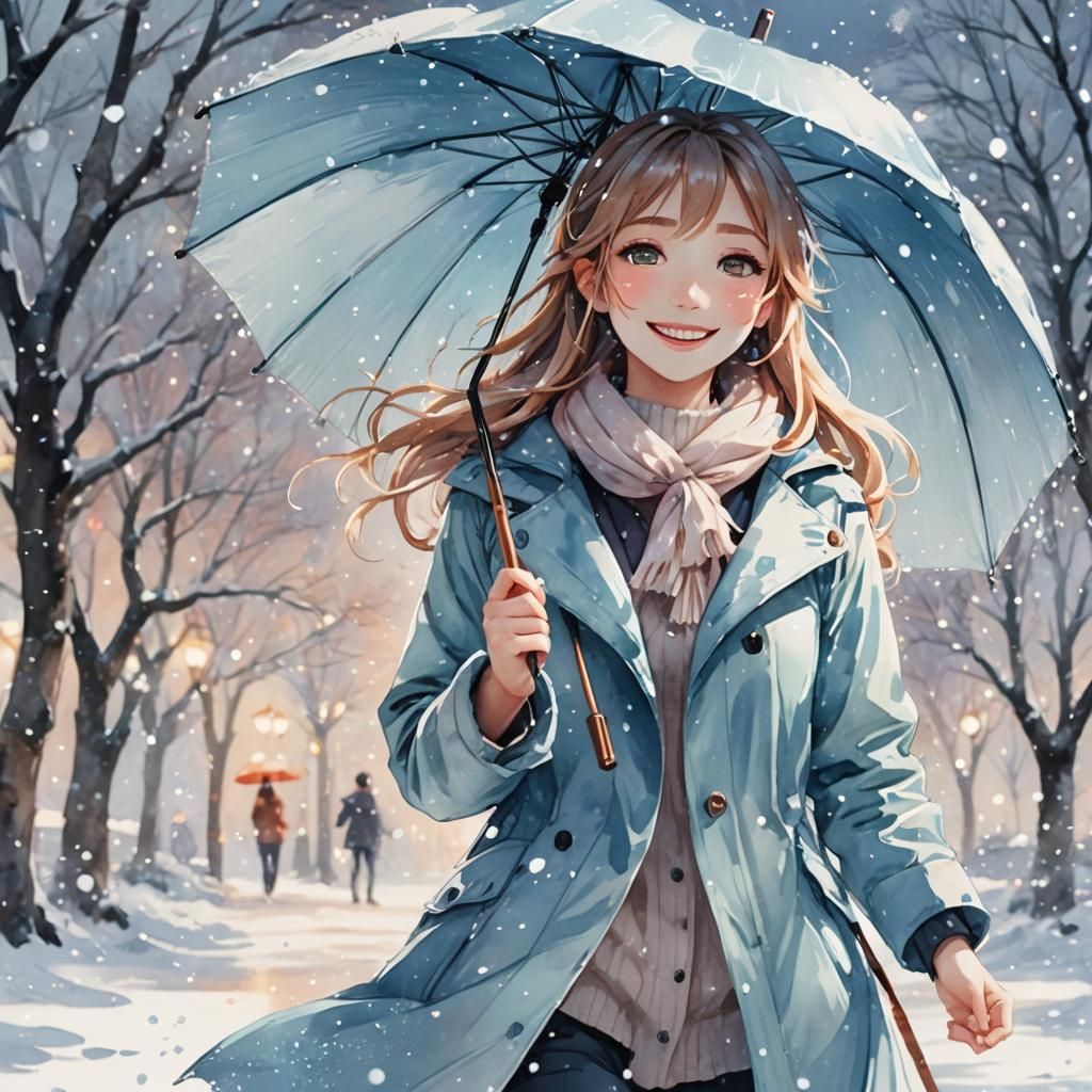 Anime Girl Dancing in Snow with Glowing Umbrella
