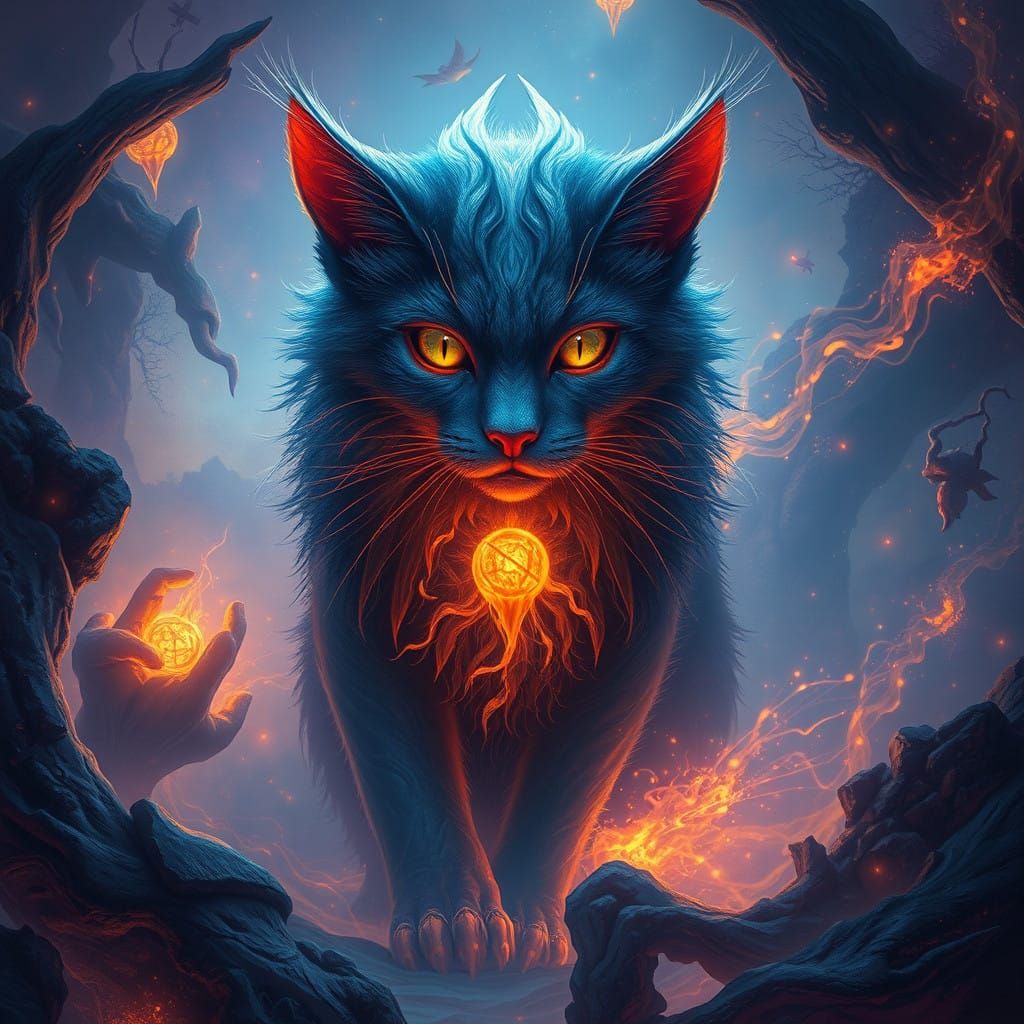 Mystical Feline Realm in Vibrant Dreamlike Tapestry