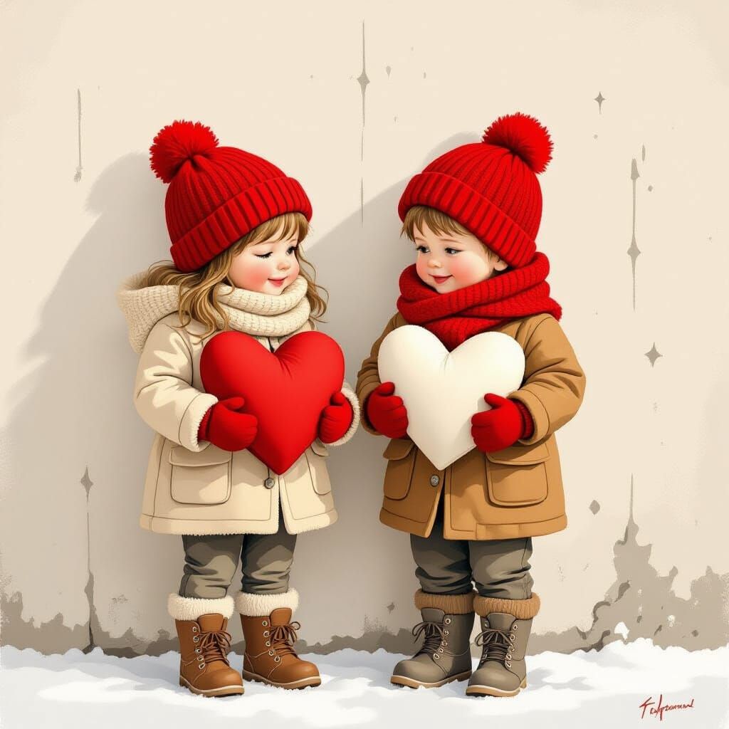 Children in Winter Coats with Heart Pillows