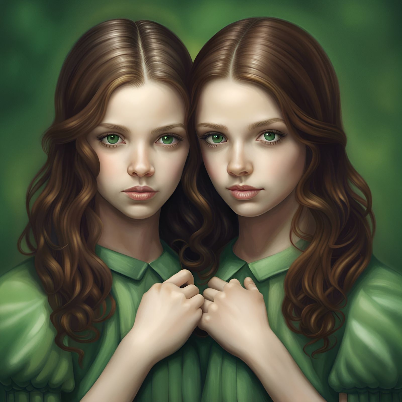 Identical Twins Holding Hands in Hyperrealism