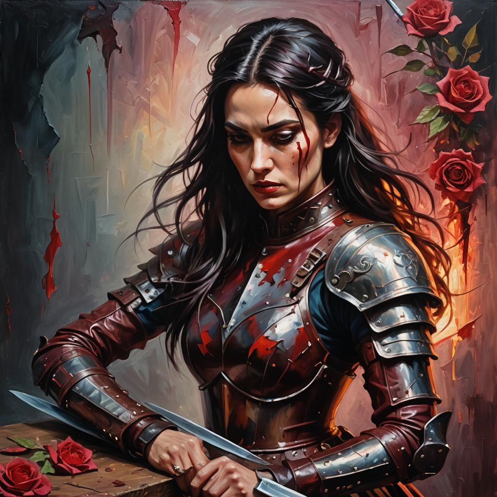 Woman Sharpening Knife: Surrealist Oil Painting