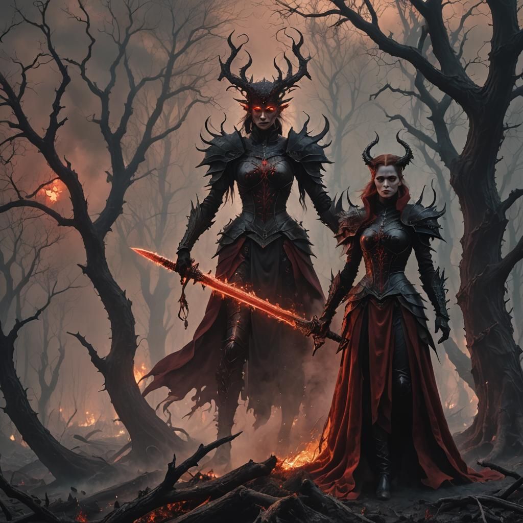Fiery Queen in Dark Hellish Landscape