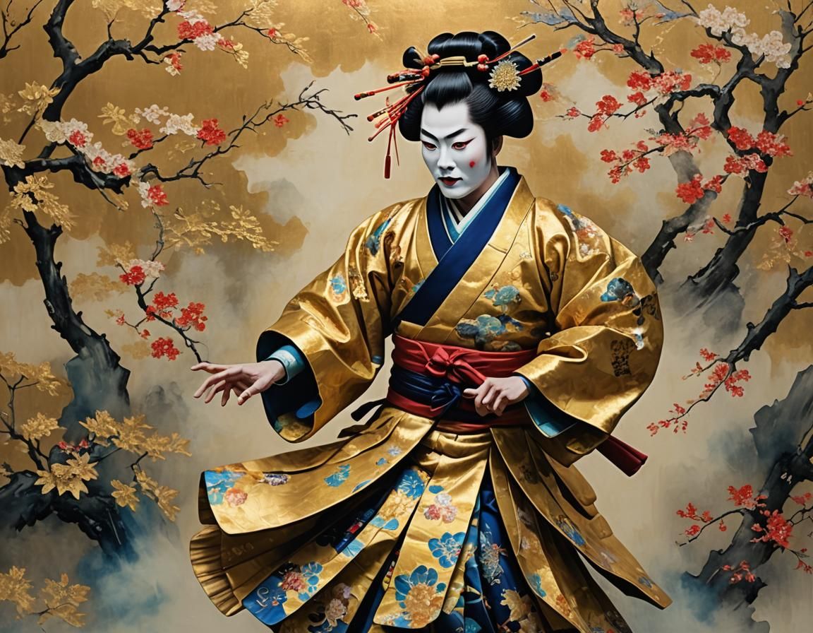 Kabuki Performer Dancing: Impasto, Alcohol Ink Style