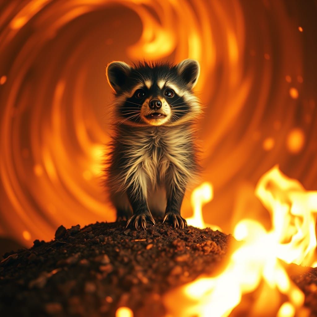 Fiery Raccoon Cub in Cinematic Style