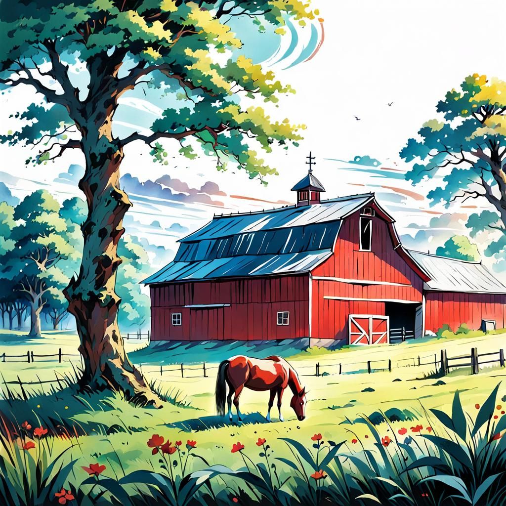 Anime Horse Grazing Peacefully by Red Barn
