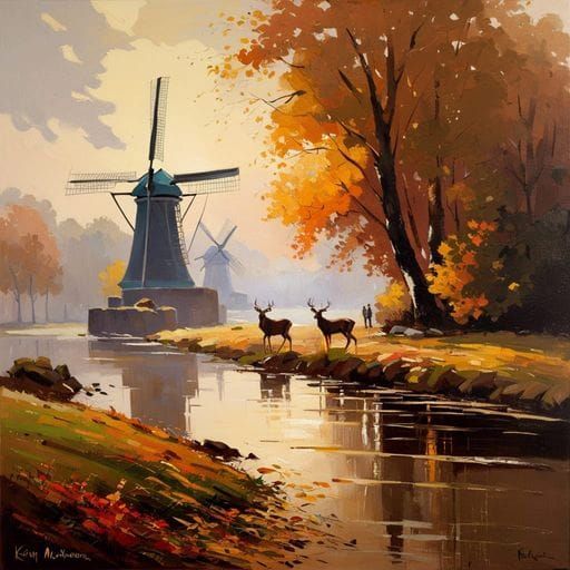 Autumn Windmills and Deer in Post-Impressionist Style